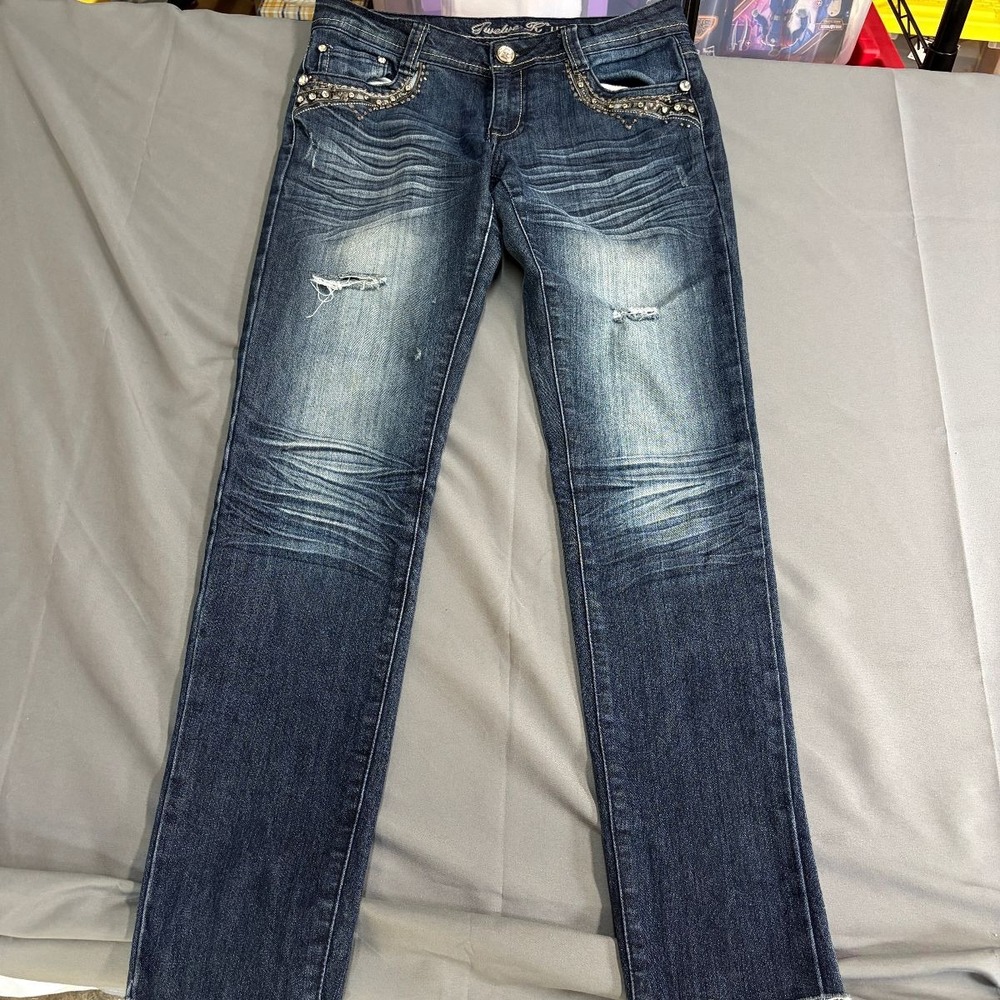 Twelve K USA Jeans Distressed Embellished Skinny Womens 7 Blue Denim Preowned